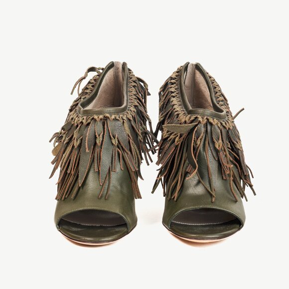 Sergio Rossi Green Leather Fringe Peep-Toe Bootie - Picture 2 of 11